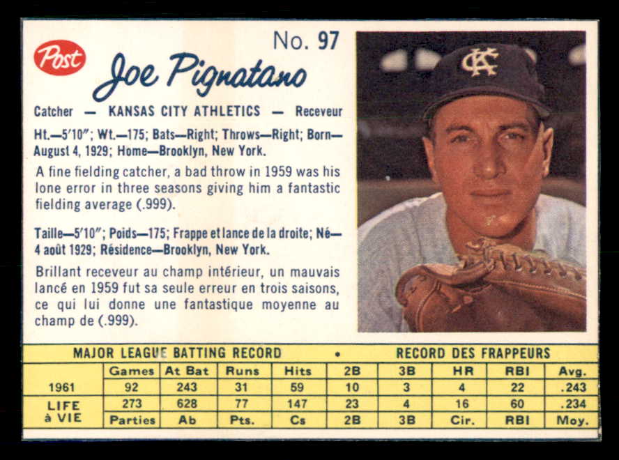 1962 Post Canadian Baseball #097 Joe Pignatano A's Low Grade 532850