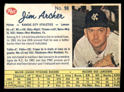 1962 Post Canadian Baseball #098 Jim Archer A's Low Grade 532851