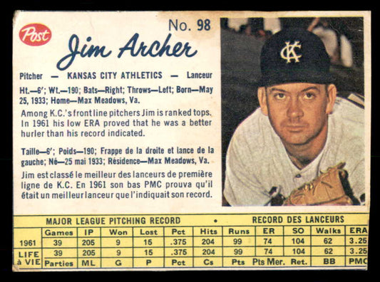 1962 Post Canadian Baseball #098 Jim Archer A's Low Grade 532851