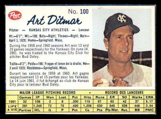 1962 Post Canadian Baseball #100 Art Ditmar A's Low Grade 532853