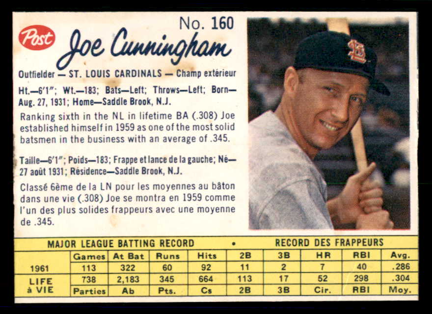 1962 Post Canadian Baseball #160 Joe Cunningham Cardinals Low Grade 532912