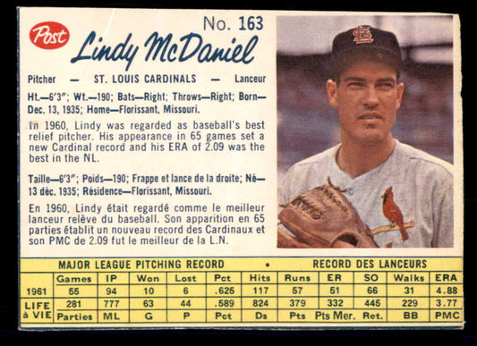 1962 Post Canadian Baseball #163 Lindy McDaniel Cardinals Low Grade 532915