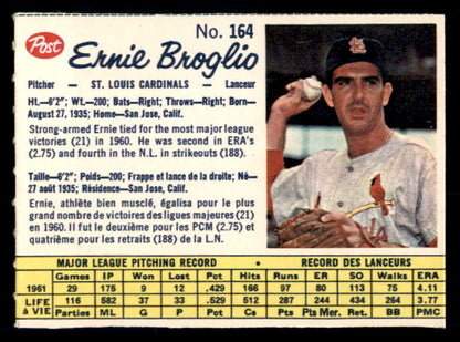 1962 Post Canadian Baseball #164 Ernie Broglio Cardinals Low Grade 532916