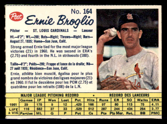 1962 Post Canadian Baseball #164 Ernie Broglio Cardinals Low Grade 532916