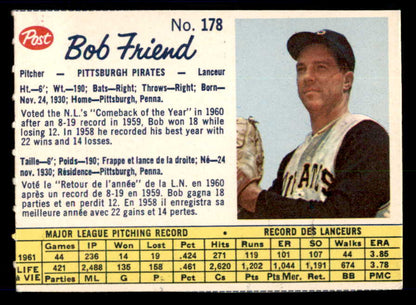 1962 Post Canadian Baseball #178 Bob Friend Pirates Low Grade 532929