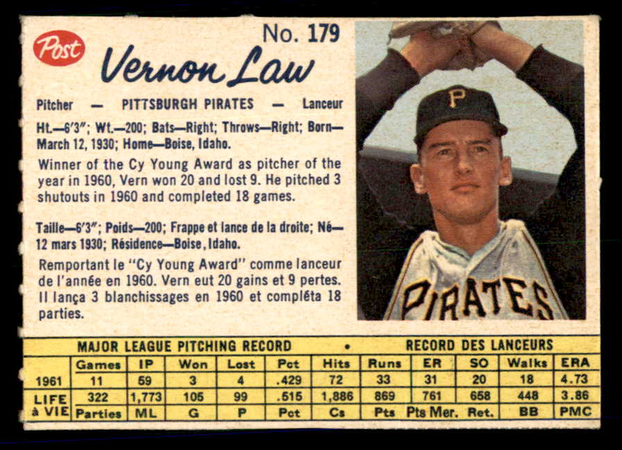 1962 Post Canadian Baseball #179 Vern Law Pirates Low Grade 532930