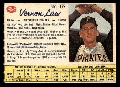 1962 Post Canadian Baseball #179 Vern Law Pirates Low Grade 532930