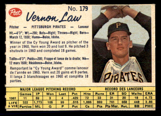 1962 Post Canadian Baseball #179 Vern Law Pirates Low Grade 532930