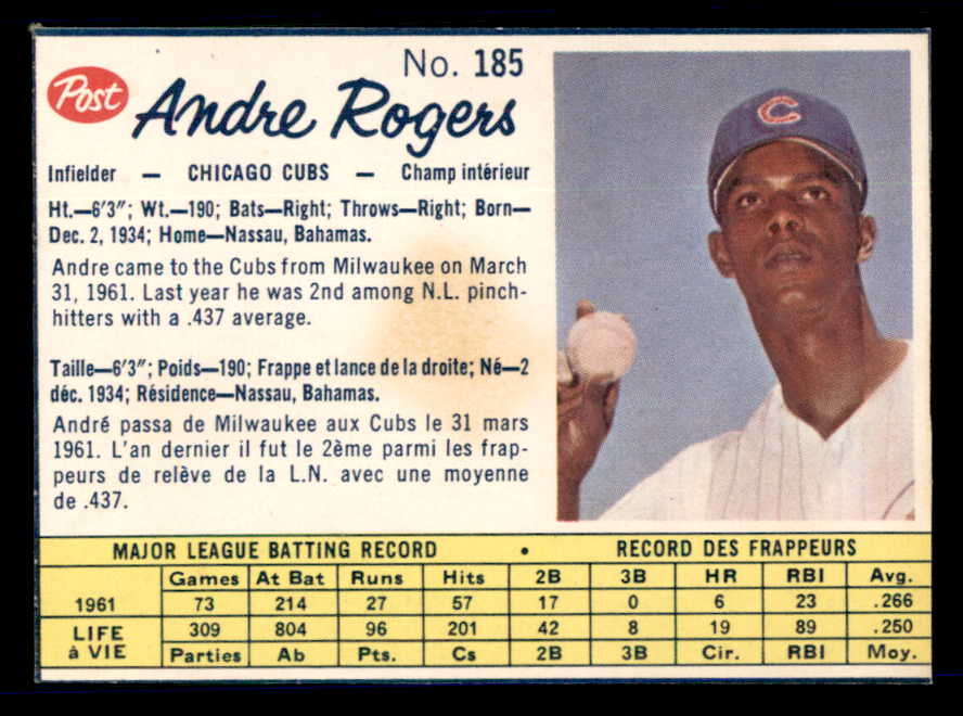 1962 Post Canadian Baseball #185 Andre Rogers Cubs Low Grade 532936