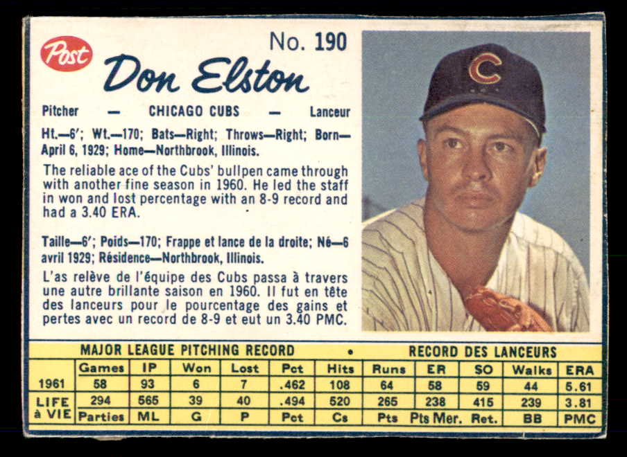 1962 Post Canadian Baseball #190 Don Elston Cubs Low Grade 532941