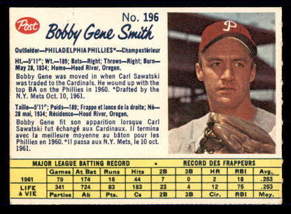 1962 Post Canadian Baseball #196 Bobby Smith Phillies Low Grade 532947