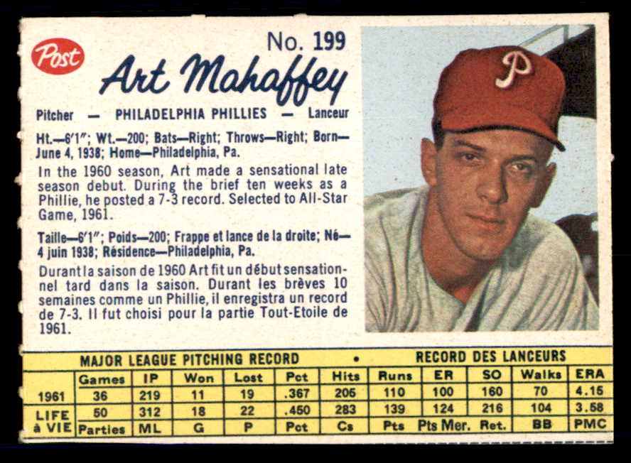 1962 Post Canadian Baseball #199 Art Mahaffey Phillies Low Grade 532950
