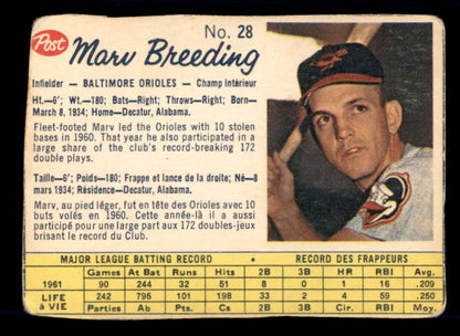 1962 Post Canadian Baseball #028 Marv Breeding Orioles Low Grade 532956