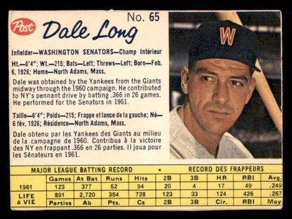 1962 Post Canadian Baseball #065 Dale Long Senators Low Grade 532963