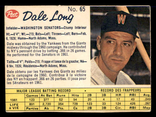 1962 Post Canadian Baseball #065 Dale Long Senators Low Grade 532963