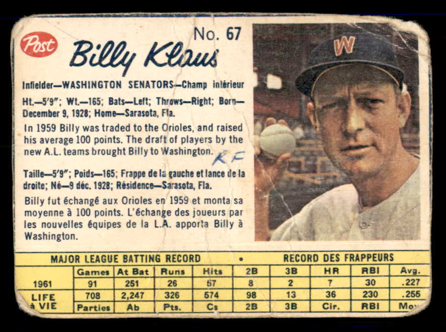 1962 Post Canadian Baseball #067 Billy Klaus Senators Low Grade 532965