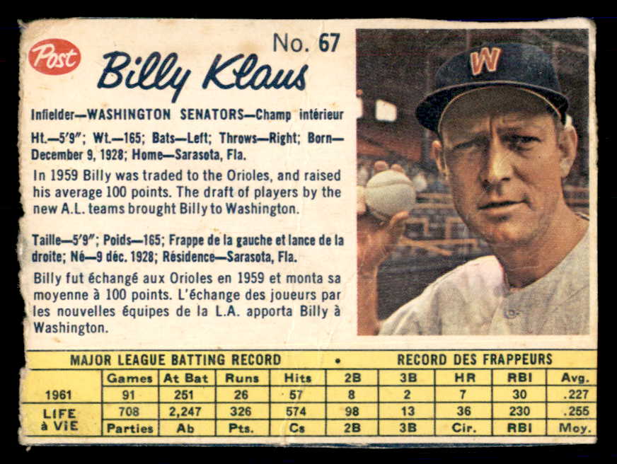 1962 Post Canadian Baseball #067 Billy Klaus Senators Low Grade 532966