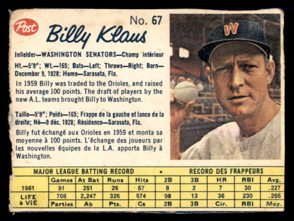 1962 Post Canadian Baseball #067 Billy Klaus Senators Low Grade 532966