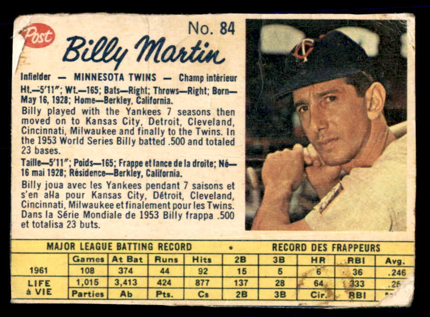 1962 Post Canadian Baseball #084 Billy Martin Twins Low Grade 532972