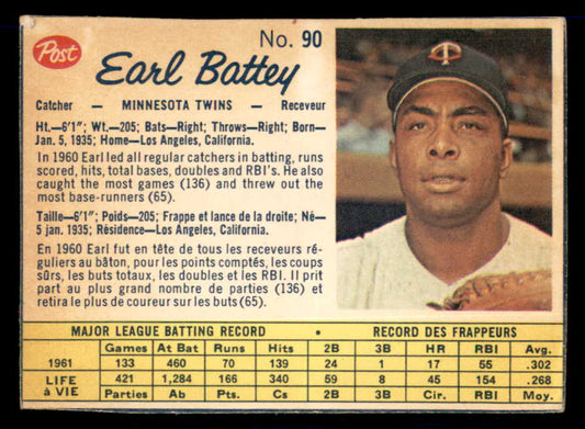 1962 Post Canadian Baseball #090 Earl Battey Twins Low Grade 532973