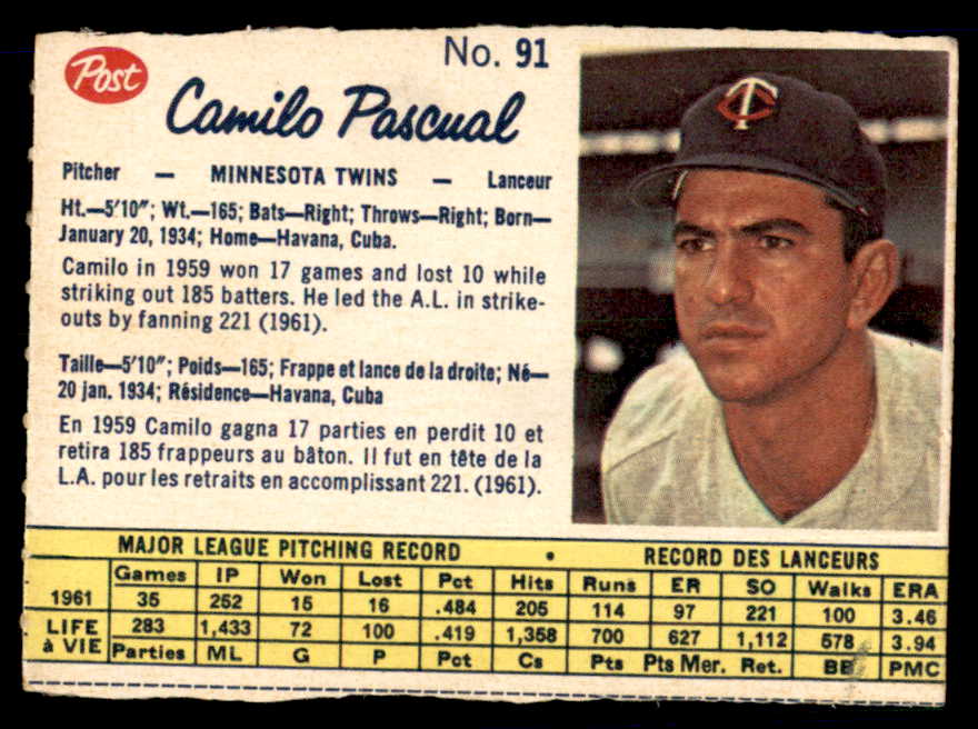 1962 Post Canadian Baseball #091 Camilo Pascual Twins Low Grade 532974