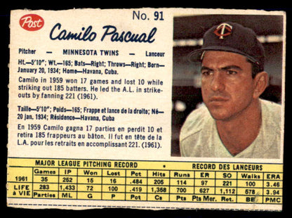 1962 Post Canadian Baseball #091 Camilo Pascual Twins Low Grade 532974