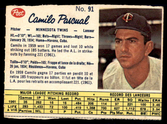 1962 Post Canadian Baseball #091 Camilo Pascual Twins Low Grade 532974