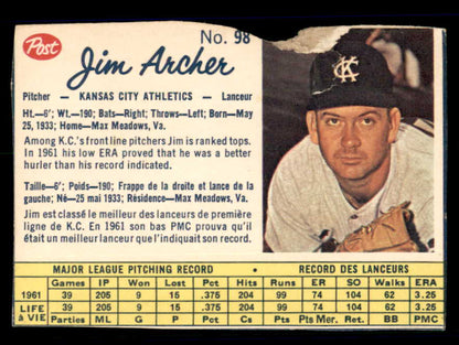 1962 Post Canadian Baseball #098 Jim Archer A's Low Grade 532978