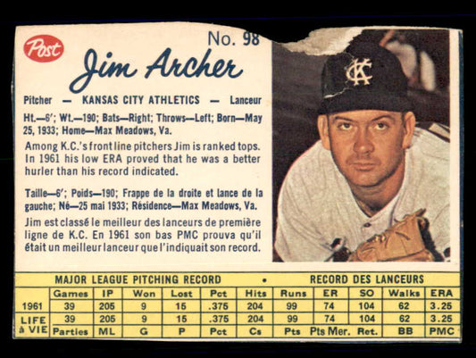1962 Post Canadian Baseball #098 Jim Archer A's Low Grade 532978