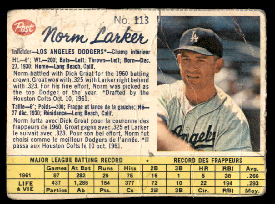 1962 Post Canadian Baseball #113 Norm Larker Dodgers Low Grade 532981
