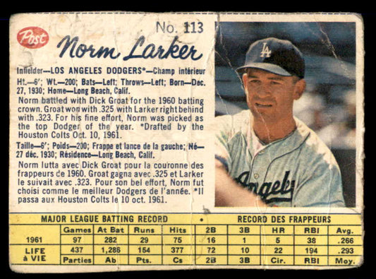 1962 Post Canadian Baseball #113 Norm Larker Dodgers Low Grade 532981