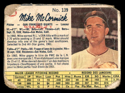 1962 Post Canadian Baseball #139 Mike McCormick Giants Low Grade 532988