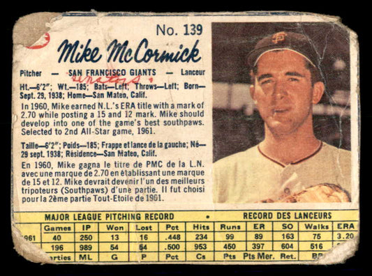 1962 Post Canadian Baseball #139 Mike McCormick Giants Low Grade 532988