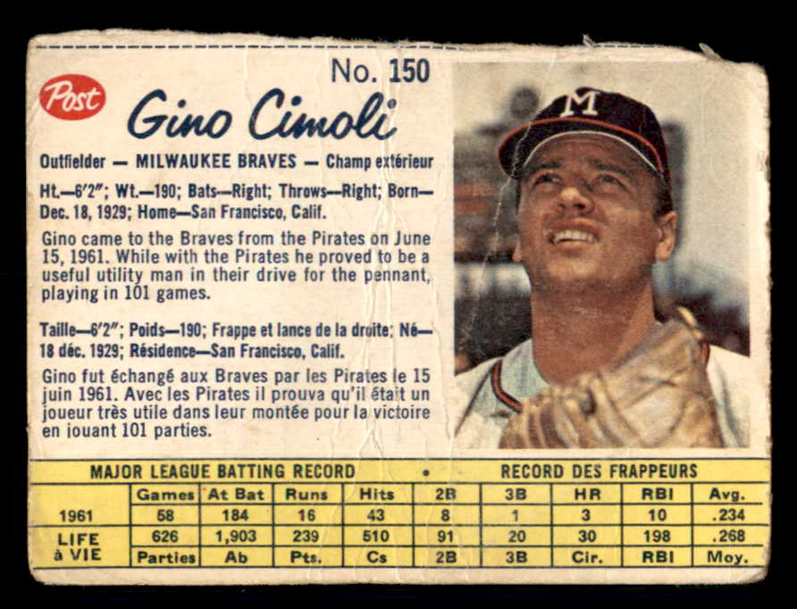1962 Post Canadian Baseball #150 Gino Cimoli Braves Low Grade 532990