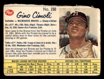 1962 Post Canadian Baseball #150 Gino Cimoli Braves Low Grade 532990