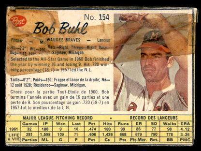1962 Post Canadian Baseball #154 Bob Buhl Braves Low Grade 532991