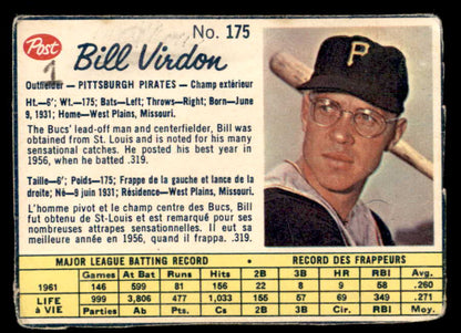 1962 Post Canadian Baseball #175 Bill Virdon Pirates Low Grade 532994