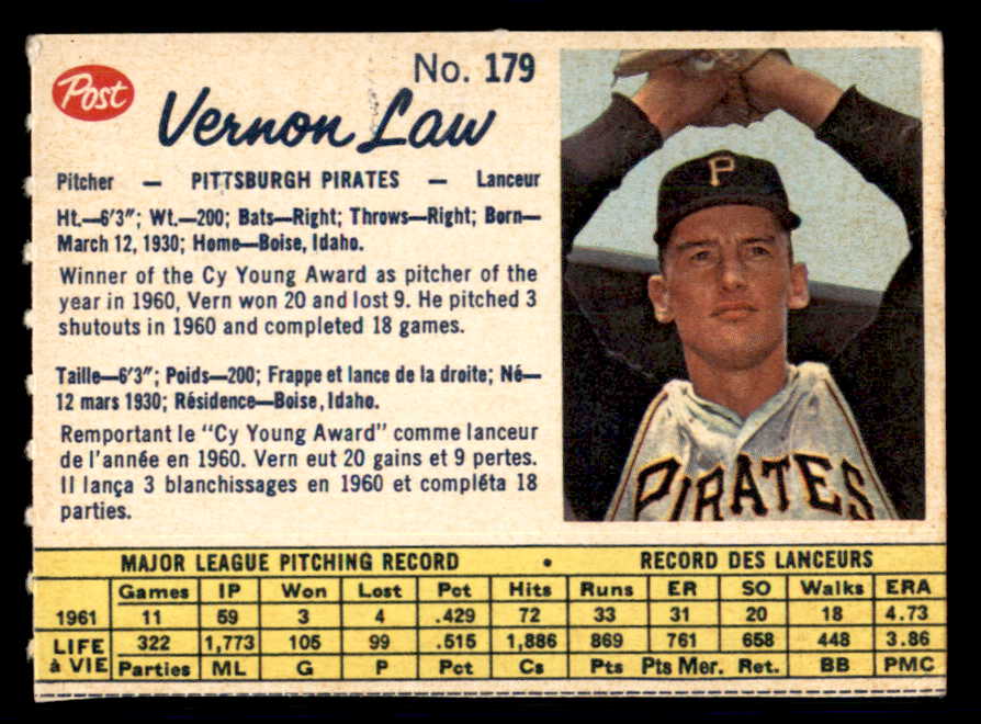 1962 Post Canadian Baseball #179 Vern Law Pirates Low Grade 532995