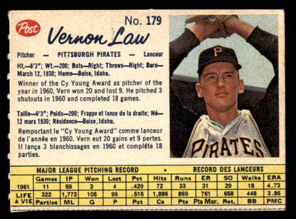 1962 Post Canadian Baseball #179 Vern Law Pirates Low Grade 532995