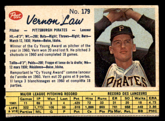 1962 Post Canadian Baseball #179 Vern Law Pirates Low Grade 532995