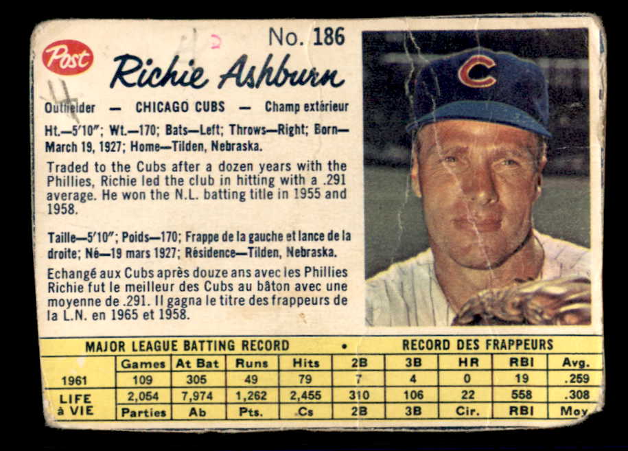 1962 Post Canadian Baseball #186 Richie Ashburn Cubs Low Grade 532996