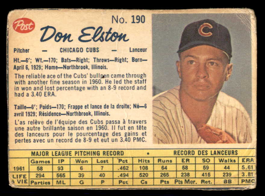 1962 Post Canadian Baseball #190 Don Elston Cubs Low Grade 532997