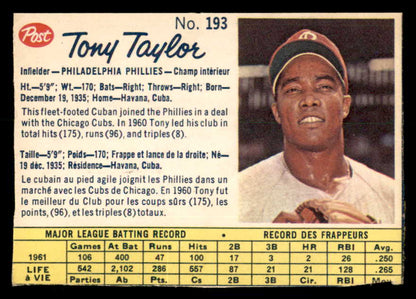 1962 Post Canadian Baseball #193 Tony Taylor Phillies Low Grade 533000