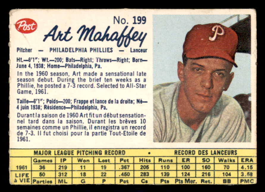 1962 Post Canadian Baseball #199 Art Mahaffey Phillies Low Grade 533002