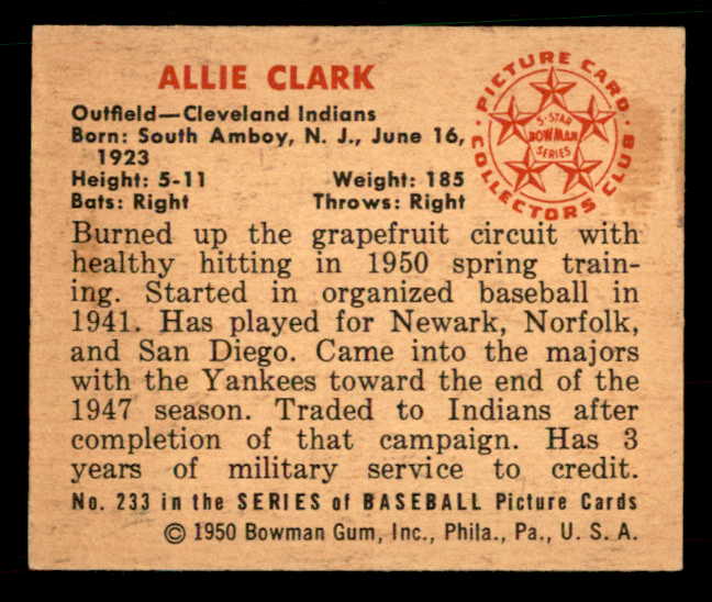 1950 Bowman Baseball #233 Allie Clark Indians NR-MT 533050