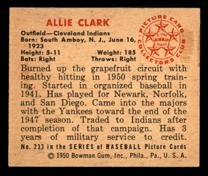 1950 Bowman Baseball #233 Allie Clark Indians NR-MT 533050