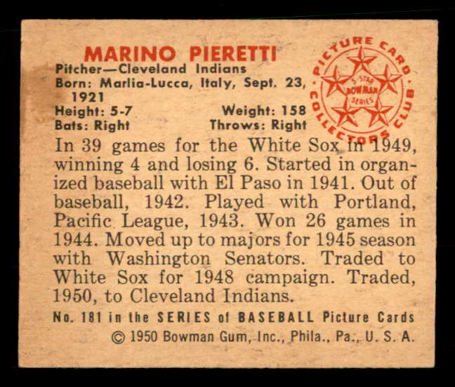 1950 Bowman Baseball #181 Marino Pieretti Indians EX-MT 533051