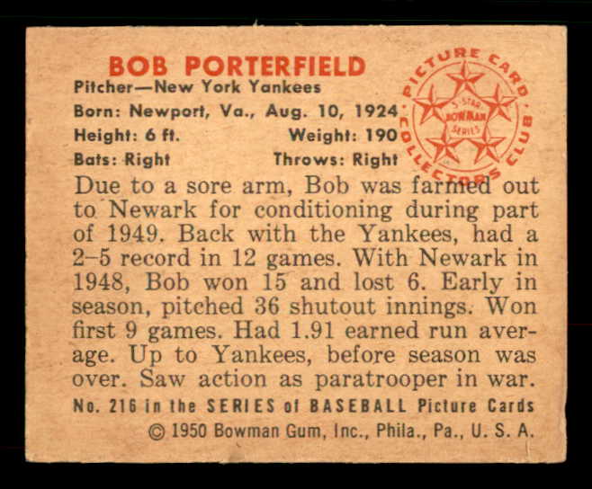 1950 Bowman Baseball #216 Bob Porterfield Yankees VG-EX 533056