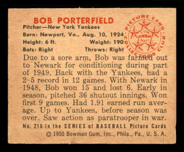1950 Bowman Baseball #216 Bob Porterfield Yankees VG-EX 533056