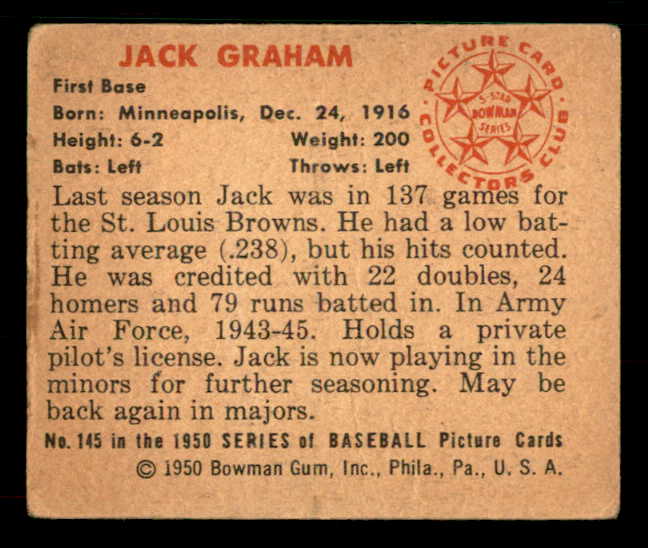 1950 Bowman Baseball #145 Jack Graham Browns VG-EX 533057